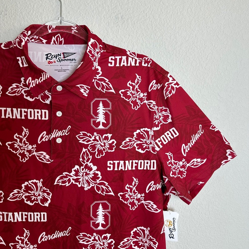 Reyn Spooner Mens Stanford Cardinal Performance Polo Shirt Red Floral NWT L